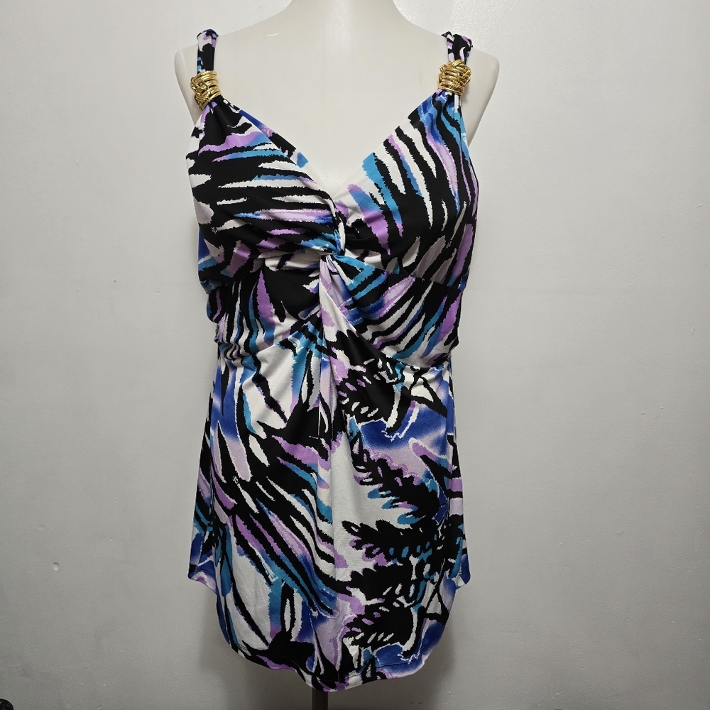 Essentials by Milano Purple & Black Abstract Zebra Print Tank Size Large - Picture 2 of 8